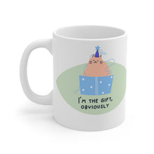 Load image into Gallery viewer, I&#39;m the Gift, Obviously Mug — Cute Cat Holiday Coffee Cup (11oz)